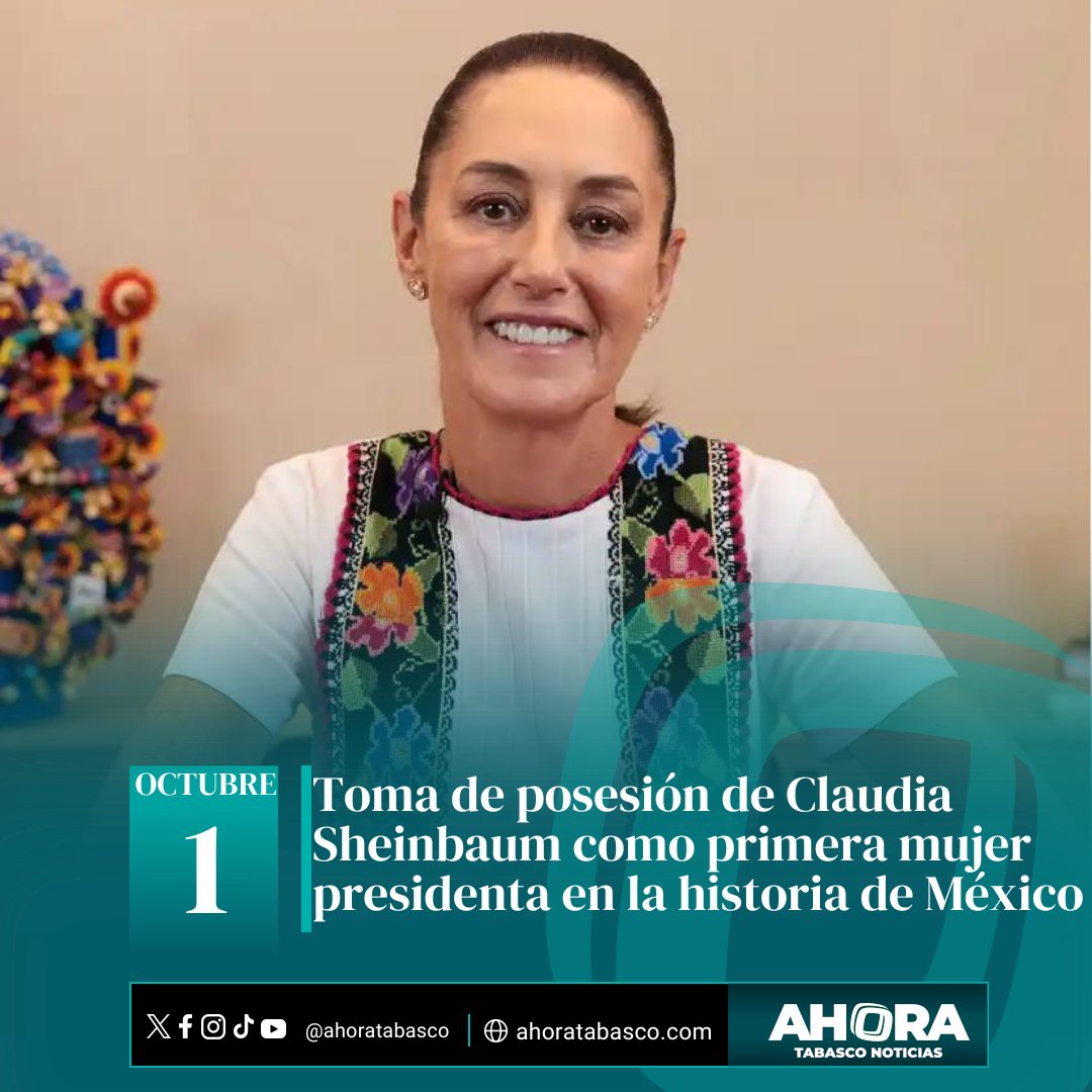 AhoraTabasco's tweet photo. 🗓️#Efeméride| Toma de posesión de @Claudiashein 🇲🇽 Además de la ceremonia de investidura, la mandataria entrante tendrá un encuentro con sus simpatizantes en el #Zócalo en el que recibirá el #BastónDeMando.

|#Noticias |#Tabasco |#Villahermosa |#Octubre |#ClaudiaSheinbaum https://t.co/dHrDIH7RgV