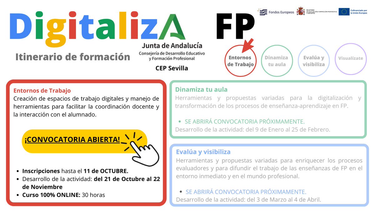 ¡EMPEZAMOS! Convocatoria Regional del Itinerario #DigitalizaFP 🔴#EntornosDeTrabajo con herramientas <a href="/GoogleWorkspace/">Google Workspace</a> <a href="/GoogleForEdu/">Google for Education</a> para 🧑🏼‍💻👩🏽‍💻Profesorado de Formación Profesional 
<a href="/FPAndaluza/">Formación Profesional Andaluza</a>🧑🏽‍🔧👨🏼‍🎨👩🏽‍🏭👩🏻‍🍳👩‍🌾👷🏼‍♂️ 
📥¡INSCRIPCIONES hasta el 11 Octubre! <a href="/CEPdeSevilla/">CEP de Sevilla</a>
juntadeandalucia.es/educacion/secr…