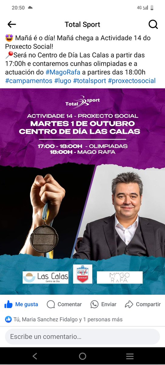 🤩 Mañá é o día! Mañá chega a Actividade 14 do Proxecto Social!
📍Será no Centro de Día Las Calas a partir das 17:00h e contaremos cunhas olimpiadas e a actuación do <a href="/MagoRafa/">Mago Rafa</a> a partires das 18:00h e ca colaboración de <a href="/cvemevelugo/">Arenal Emevé</a>