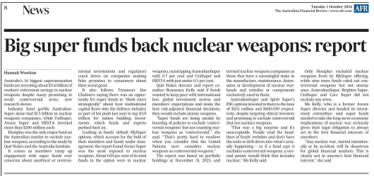 Josh Meadows (@joshmeadows3) on Twitter photo Did you know AustralianSuper, UniSuper, Aware Super and HESTA invest their members’ funds in nuclear weapons? <a href="/hannahkwootton/">Hannah Wootton</a> <a href="/quitnukes/">@QuitNukes</a> afr.com/wealth/superan… Did you know AustralianSuper, UniSuper, Aware Super and HESTA invest their members’ funds in nuclear weapons? <a href="/hannahkwootton/">Hannah Wootton</a> <a href="/quitnukes/">@QuitNukes</a> afr.com/wealth/superan…