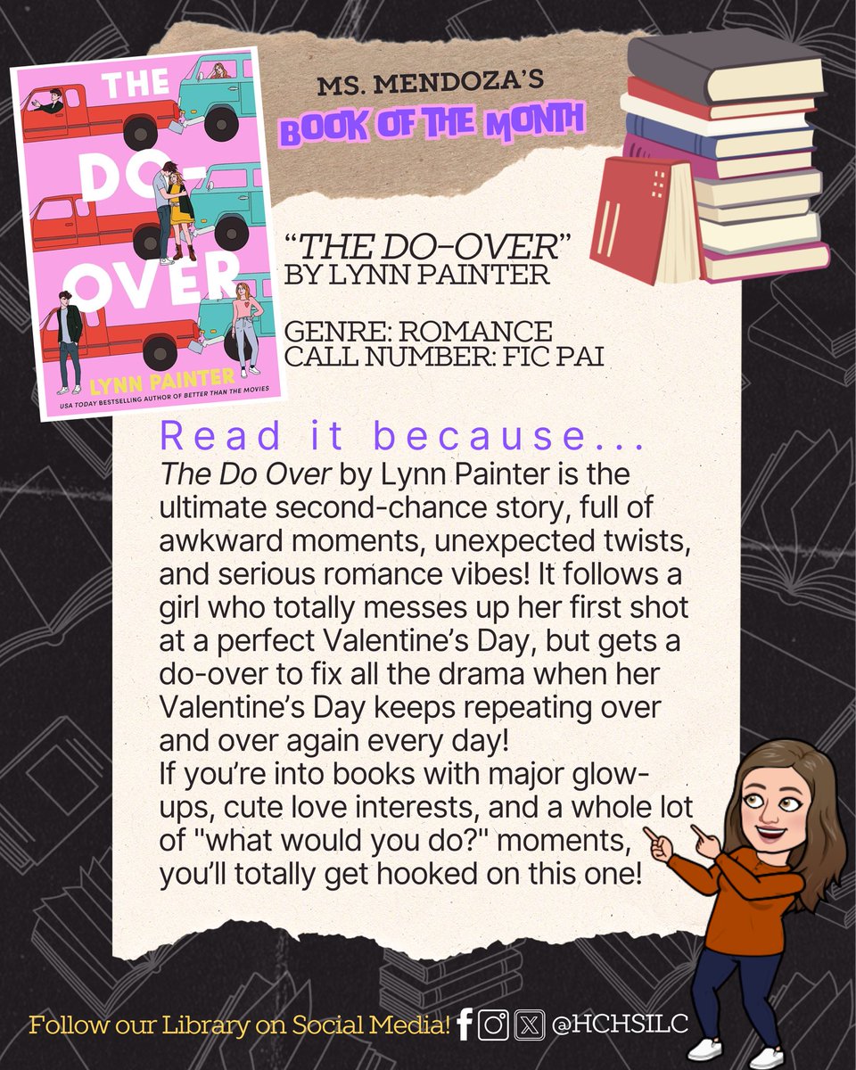 Ms. Mendoza’s Book of the Month for September is “The Do-Over” by Lynn Painter! 📚✨This is a heartwarming story full of second chances and finding love in unexpected people. Stop by the library to grab your copy and dive into this can’t-miss read!
