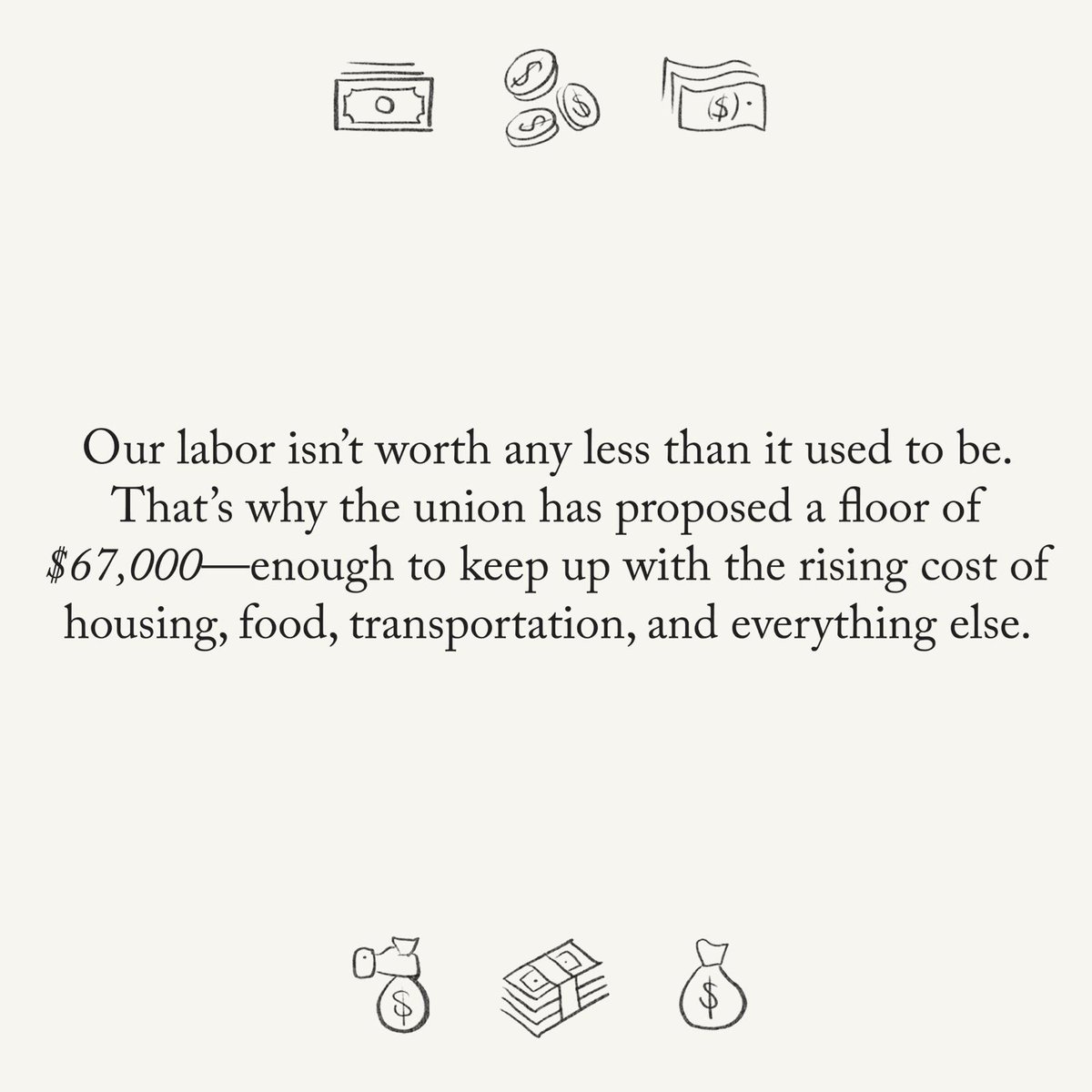 The New Yorker Union (@newyorkerunion) on Twitter photo After months of negotiations, management has proposed raising the salary floor from $60,000 to $61,500. Our proposed minimum is $67,000: a fair baseline for the rising cost of living. Prestige can’t feed us; we want fair pay for everyone at The <a href="/NewYorker/">The New Yorker</a>, and we want it now. After months of negotiations, management has proposed raising the salary floor from $60,000 to $61,500. Our proposed minimum is $67,000: a fair baseline for the rising cost of living. Prestige can’t feed us; we want fair pay for everyone at The <a href="/NewYorker/">The New Yorker</a>, and we want it now.