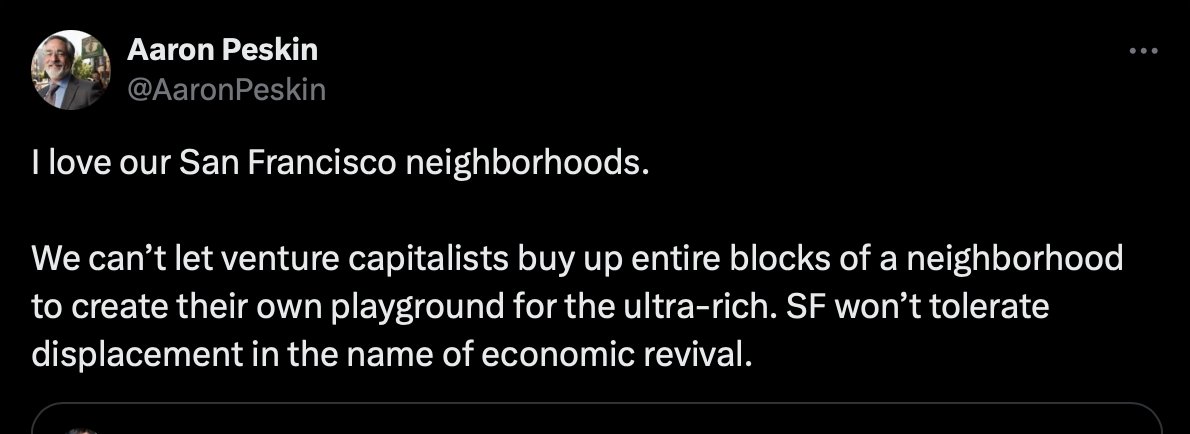 kane's tweet photo. Neil Mehta donated $100M and is offering below market leases to new food and beverage businesses to revive a San Francisco neighborhood, but @AaronPeskin is ~mad~ bc Neil did it directly in a way that doesn't let Peskin get a piece of the pie or claim credit. https://t.co/YlRDmrmMqt