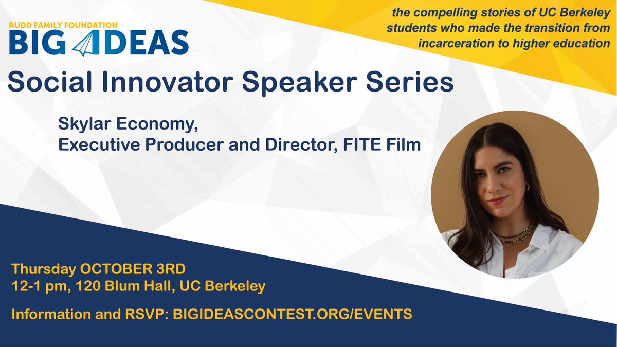 We've seen a variety of winning ideas, from coffee shops to healthcare devices to a documentary! Want to hear from a past Big Ideas winner?  

🎞️FITE Film Screening &amp; Talk w/ Skylar Economy
🗓️ Oct. 3, 12 p.m. PT
📍 120 Blum Hall &amp; Online via Zoom

RSVP at docs.google.com/forms/d/e/1FAI…