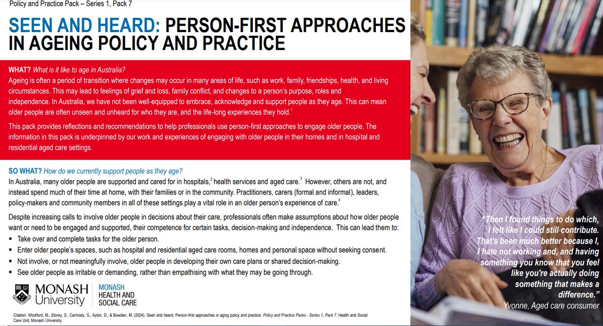 To mark today's International Day of Older Persons we're launching our latest #MonashHSCU Policy &amp; Practice Pack. It is full of recommendations &amp; resources for supporting &amp; valuing older people in health, residential &amp; community settings shorturl.at/pMLcr #IDOP2024 #IDOP