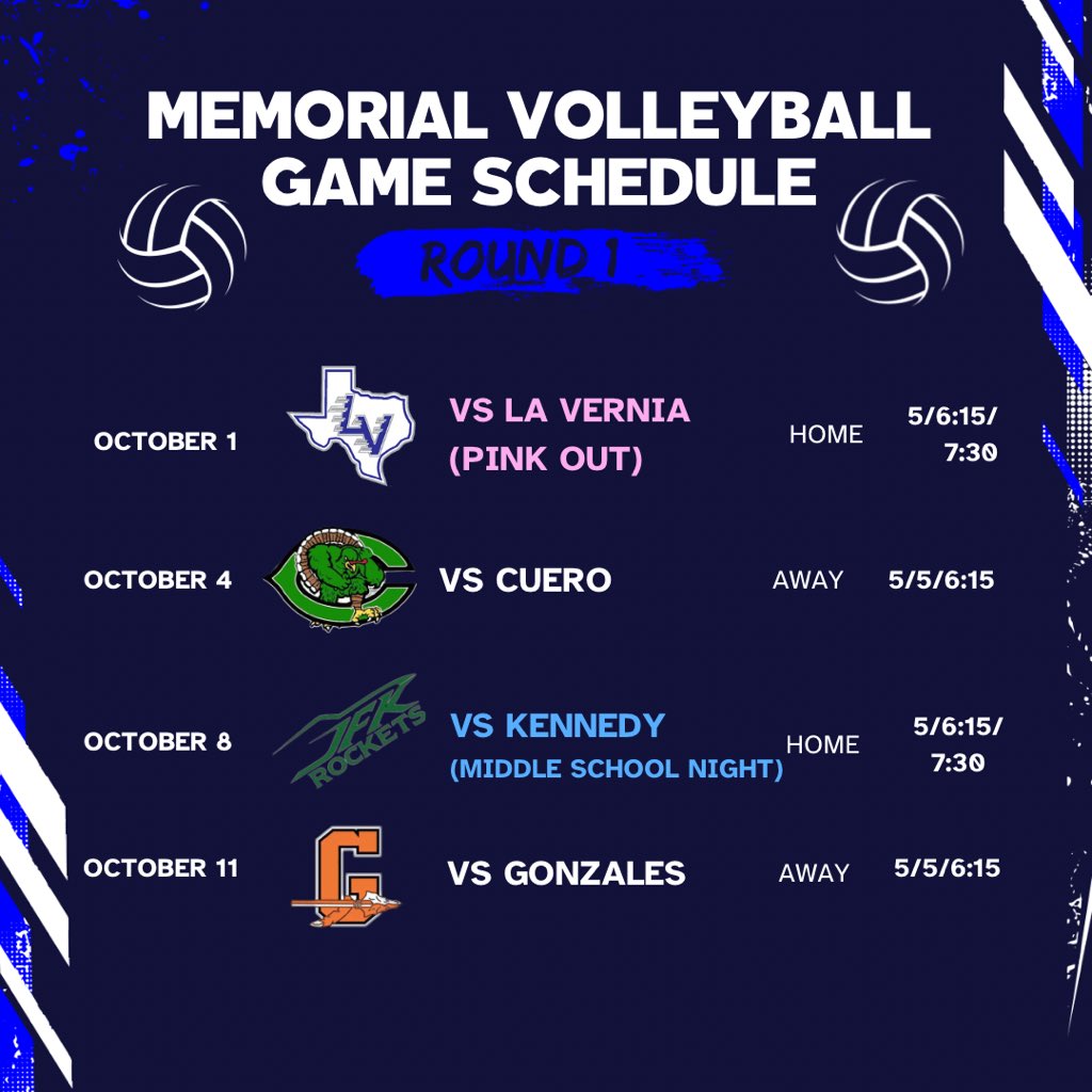 Come out and support your Lady Minutemen as district is here 🏐

Take a look at our Round 1 schedule! &amp; mark your calendars! 

<a href="/EISDMemorialHS/">Memorial High School</a> <a href="/MHSMinutemenATH/">SA Memorial HS Girls Athletics</a> <a href="/EISDofSA/">Edgewood ISD</a>