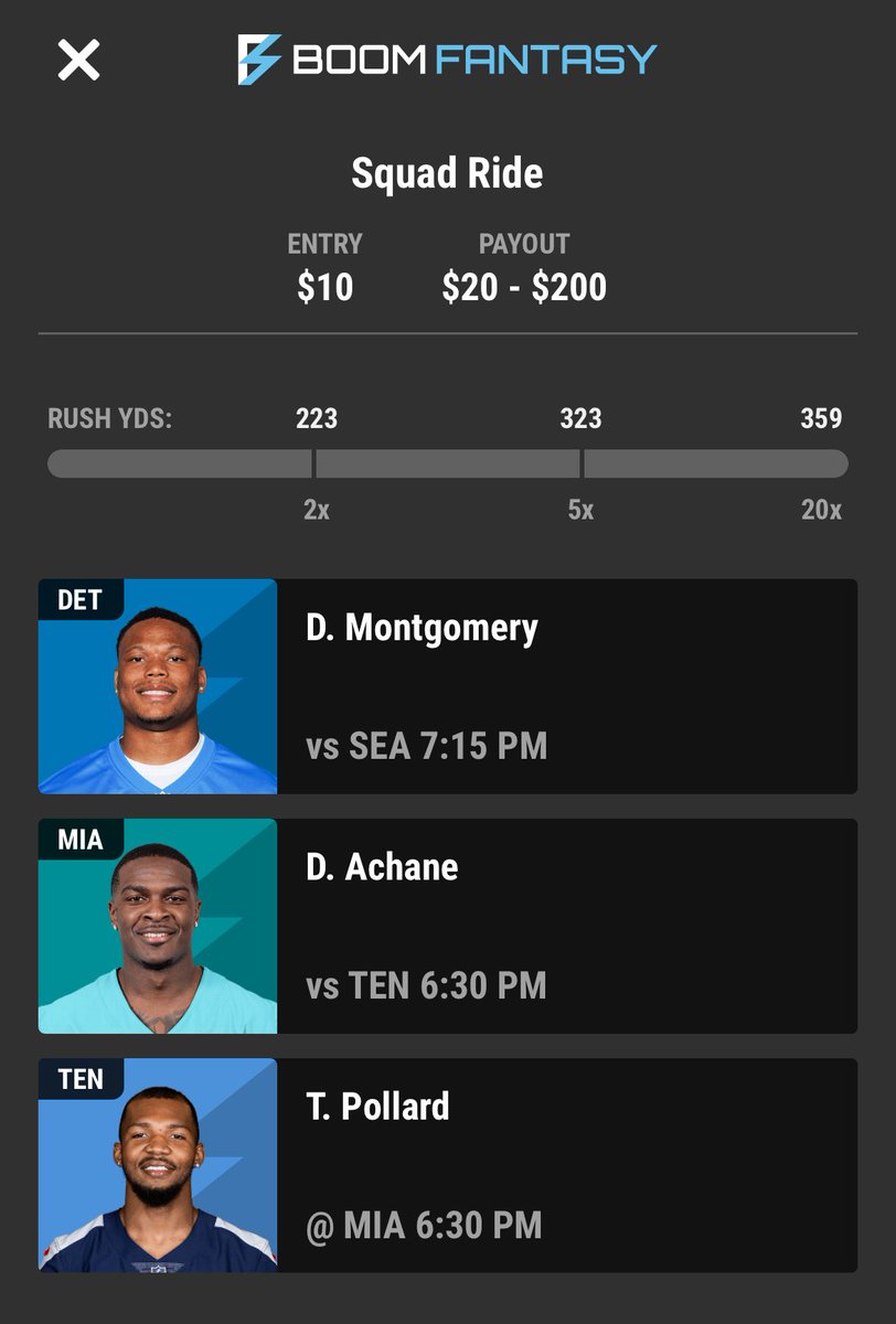 StatDoctorMD's tweet image. 🚨 @BoomFantasy MNF Third Play 🚨

- **David Montgomery** (vs SEA)
- **De’Von Achane** (vs TEN)
- **Tony Pollard** (vs MIA)

Payout potential from 2x to 20x depending on yards! 🚀

#BoomFantasy #NFL #PlayerProps #RushYards #FantasyFootball