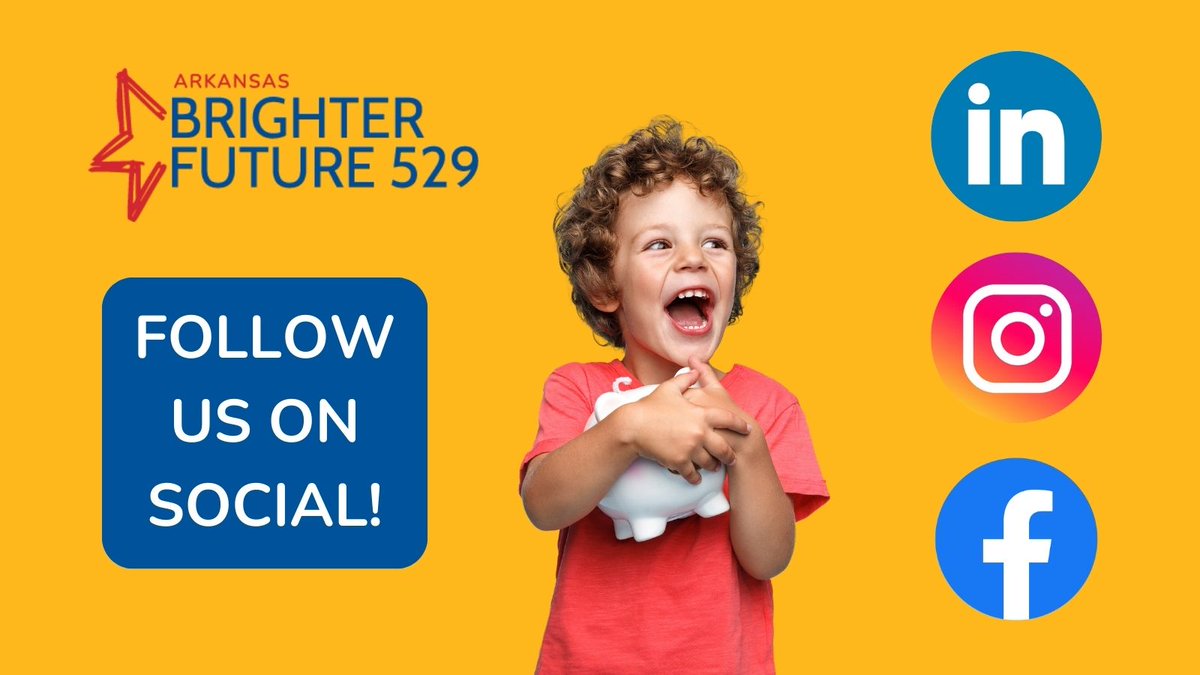 Stay informed about saving for your child's future with Arkansas Brighter Future 529! Follow us on other social platforms for updates, tips and resources.🌟
LinkedIn: linkedin.com/company/arkans… 
Instagram: instagram.com/arkansasbright… 
Facebook: facebook.com/ArkansasBright…