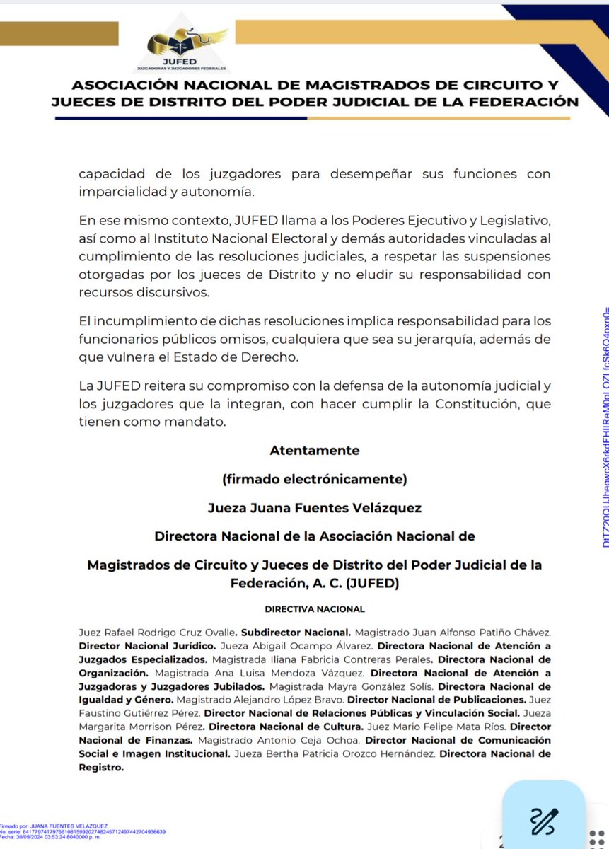 Última Hora: La Asociación Nacional de Jueces y Magistrados Federales <a href="/jufed_org/">Juzgadoras y Juzgadores Federales</a> condena las declaraciones de Ernestina Godoy en vs de los jueces que han dado suspensiones vs la reforma judicial.

Las considera "amenazas" a la independencia judicial y un grave precedente👇