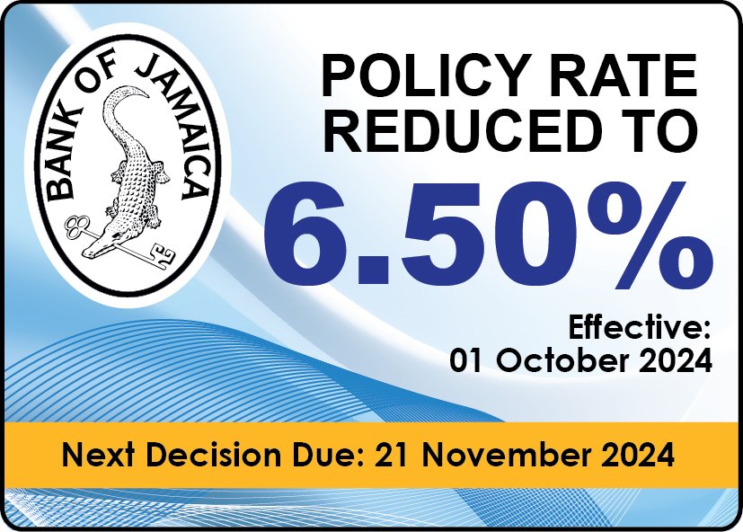 Bank of Jamaica reduces the policy rate by 25 basis points to 6.50 per cent. Click the link to read the summary of decision: shorturl.at/c7alp