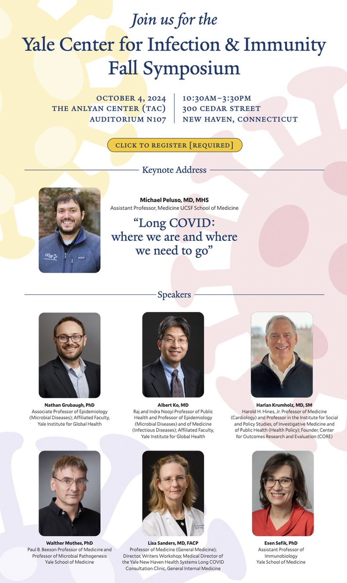 Prof. Akiko Iwasaki (@virusesimmunity) on Twitter photo Very excited about the second annual <a href="/YaleCII/">Yale Center for Infection and Immunity</a> symposium with amazing speakers this Friday ๐คฉ
<a href="/MichaelPelusoMD/">Michael Peluso, MD</a>
@NathanGrubaugh
Albert Ko
<a href="/hmkyale/">Harlan Krumholz</a>
@wmothes
<a href="/LisaSandersmd/">Lisa Sanders MD</a>
<a href="/esensefik/">Esen Sefik</a>
Open to Yale attendees
medicine.yale.edu/cii/event/yaleโฆ
Organized by <a href="/jannamoen/">janna moen, phd is still masking ๐ท</a> and <a href="/bakermind/">Christopher A. Baker</a> Very excited about the second annual <a href="/YaleCII/">Yale Center for Infection and Immunity</a> symposium with amazing speakers this Friday ๐คฉ
<a href="/MichaelPelusoMD/">Michael Peluso, MD</a>
@NathanGrubaugh
Albert Ko
<a href="/hmkyale/">Harlan Krumholz</a>
@wmothes
<a href="/LisaSandersmd/">Lisa Sanders MD</a>
<a href="/esensefik/">Esen Sefik</a>
Open to Yale attendees
medicine.yale.edu/cii/event/yaleโฆ
Organized by <a href="/jannamoen/">janna moen, phd is still masking ๐ท</a> and <a href="/bakermind/">Christopher A. Baker</a>