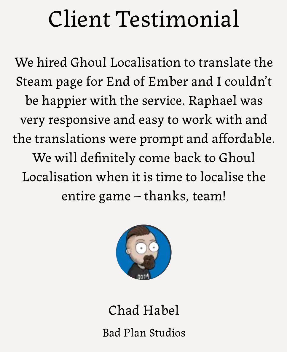 Boccardo_loc's tweet image. Check out what our clients are saying about Ghoul Localization!
_________
#GameLocalization #IndieDev #LocalizationMatters #TranslationServices #GameDev #GamingCommunity #IndieGames #Localization #GhoulLocalization #DevFeedback
