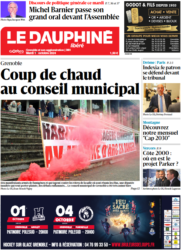 LeDL_Grenoble's tweet photo. Bonjour,
À la Une du DL Sud-Isère, pour l’édition "Grenoble et son agglomération", de ce mardi 1er octobre. Retrouvez votre journal en version numérique sur : https://t.co/2rtj1bPI0t
Bonne journée, bonne lecture ☕

#dauphinelibere #Grenoble #Barnier #Indexia https://t.co/UPkHJb1y9H