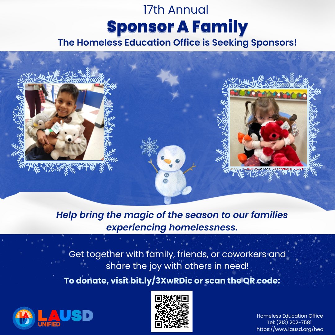 Spread the holiday cheer by supporting families in need! The Homeless Education Office is excited to announce that we are now taking donations for our 17th Annual Sponsor a Family Initiative. Let’s make this season brighter together! Scan the QR code or view link in our bio. ❄️✨