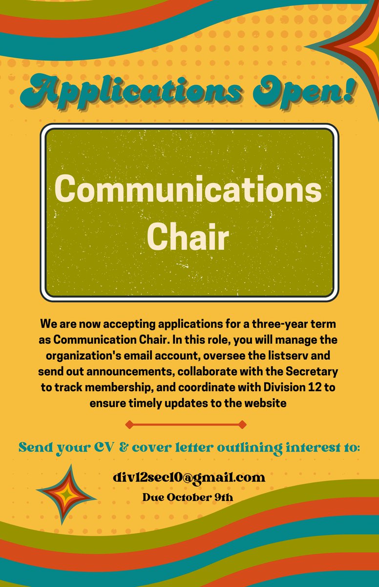 APA Div12 Grad Students & ECPs (@apagradecp) on Twitter photo Hey #psychtwitter 👋 we are now accepting applications for a 3-year term as Communication Chair and a 3-year term as Professional Development Chair!
Send your CV & cover letter outlining interest to div12sec10@gmail.com by 10/9/24!
Please share widely! <a href="/SCPdiv12/">Society of Clinical Psychology (APA Div. 12)</a> <a href="/PsychinOut/">PsychinOut 🧠</a> Hey #psychtwitter 👋 we are now accepting applications for a 3-year term as Communication Chair and a 3-year term as Professional Development Chair!
Send your CV & cover letter outlining interest to div12sec10@gmail.com by 10/9/24!
Please share widely! <a href="/SCPdiv12/">Society of Clinical Psychology (APA Div. 12)</a> <a href="/PsychinOut/">PsychinOut 🧠</a>
