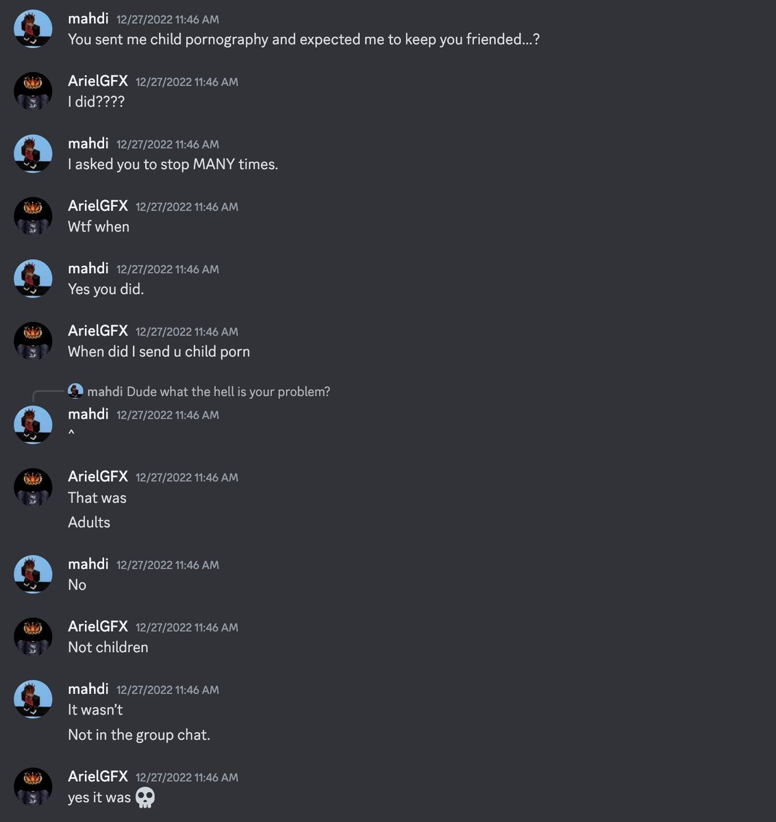 TW NSFW TOPICS

RETWEET/SHARE

This post is about someone very disturbing in the community as it has recently came to my attention. This individual named @arielgfx2 has sent around child porn to minors. The people who seen it said the children in the photos were 10 years old..