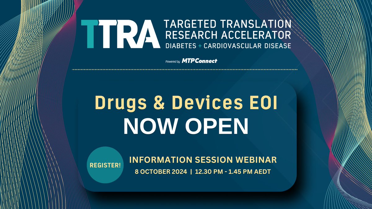 📢We have opened EOIs for the Targeted Translation Research Accelerator (TTRA) Drugs &amp; Devices from 🇦🇺 SMEs keen to commercialise innovative medical products to address cardiovascular disease &amp; diabetes complications. Up to $1.5M available. Closes 4 Nov.  bit.ly/3XPL4HT