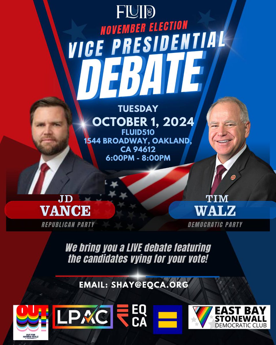 Join us as we cheer on Coach Walz, a true LGBTQ+ ally, as he takes down JD Vance in what is sure to be a must-watch Vice Presidential Debate. See you at FLUID510 on October 1 at 6pm — RSVP for details!