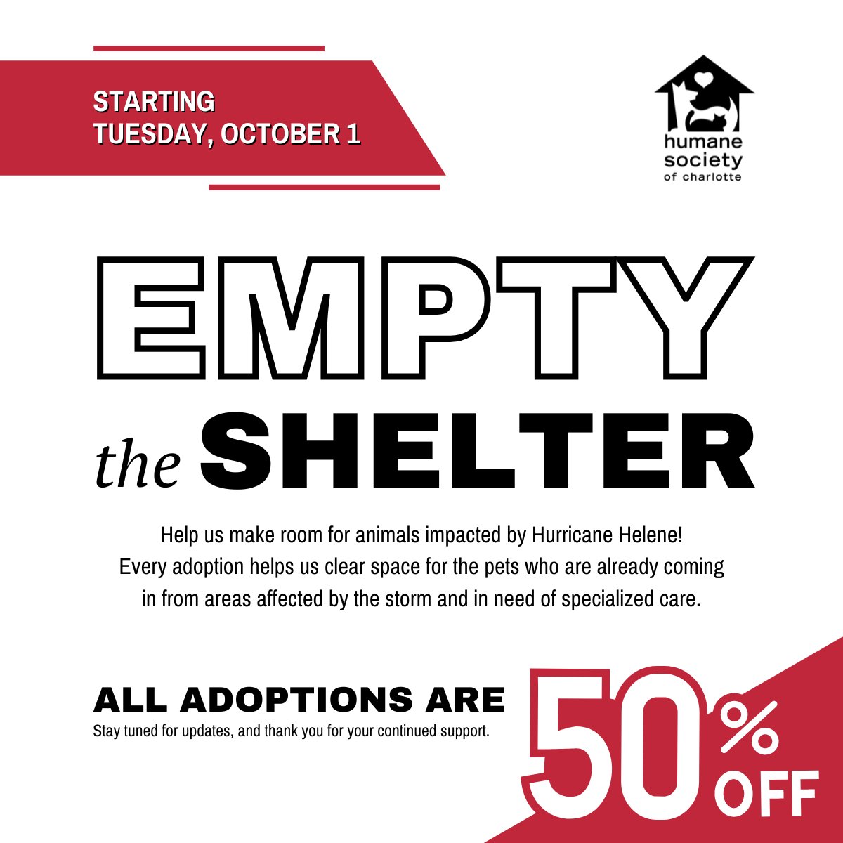 Humane Society of Charlotte (@humanecharlotte) on Twitter photo Help us make room for animals impacted by Hurricane Helene while adding a new furry friend to your family!
We are also accepting pet food donations to help animals in need.
If adoption isn't possible at this time, please consider donating to <a href="/ashevillehumane/">Asheville Humane</a> & Brother Wolf. Help us make room for animals impacted by Hurricane Helene while adding a new furry friend to your family!
We are also accepting pet food donations to help animals in need.
If adoption isn't possible at this time, please consider donating to <a href="/ashevillehumane/">Asheville Humane</a> & Brother Wolf.