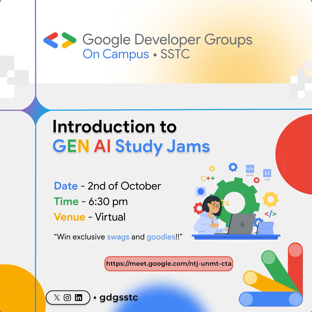 gdgsstc's tweet photo. 🌟 Get all the details about GenAI Study Jams in our intro session on 2nd October, 6:30 PM! 🚀 Learn how you can upskill in Cloud Computing and AI, and win surprise Google swags! 🎁
🖇️ https://t.co/oBOLjKrOqp
#GDGOnCampus #AI #CloudComputing #StudyJams #SSTC https://t.co/1SjPWTWyKW