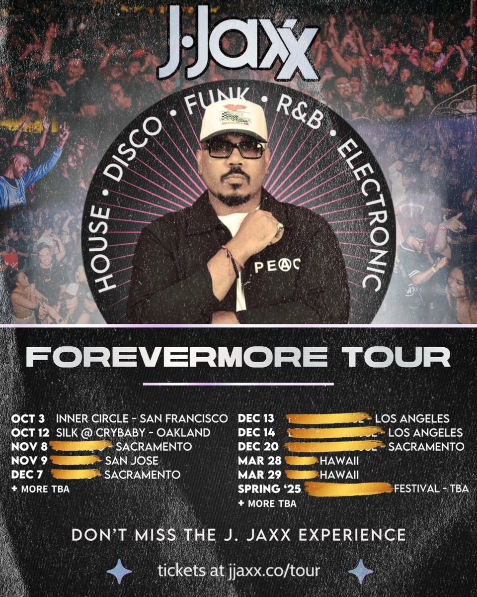 we back outside! 🪩🕺🏾

special s/o to all the parties/promoters/collectives for having me

kicking off tour thursday w/ <a href="/djMackswell/">MΔCKSWΣLL</a> + making my SILK debut at <a href="/crybabyoakland/">The Litty Commitee</a> alongside <a href="/kilo_wav/">kilo</a> + some more heavy hitters 10/12! 

more shows tba soon!

tix: jjaxx.co/tour