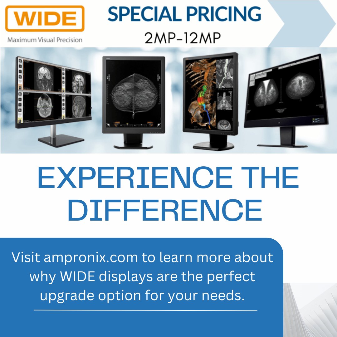 Ampronix's tweet image. ✨ Upgrade your medical imaging with WIDE displays (2MP-12MP) Special pricing available now. Visit ow.ly/b77A50TzzyP to learn more! 🖥️

#MedicalDisplays #UpgradeYourTech #WIDEDisplays #SpecialPricing #Ampronix