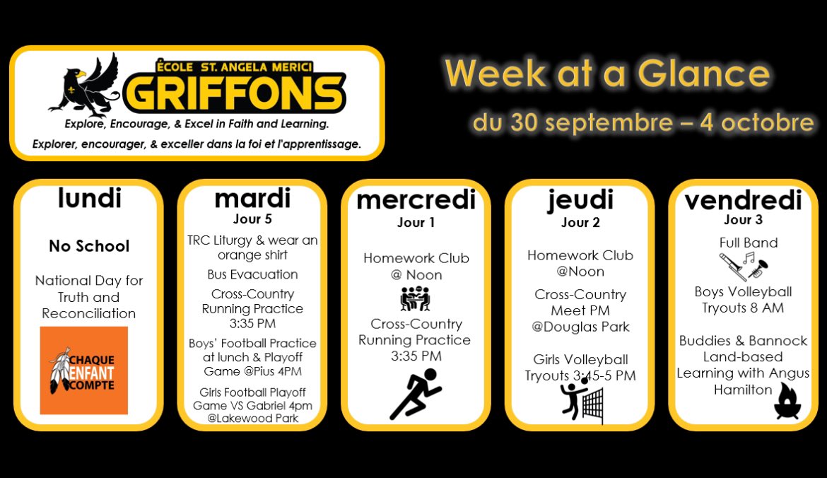 Amazing week ahead Griffons! Football, cross country, band, TRC liturgy and Buddies and Bannock!