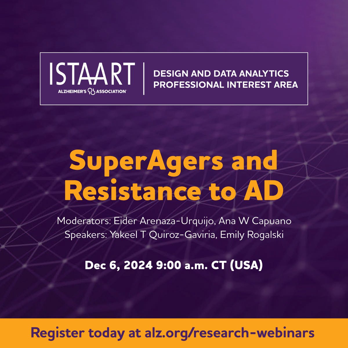 Design and Data Analytics PIA (@designdatapia) on Twitter photo 📢 Reserve your spot for our Dec 6 webinar 9AM CT, hosted jointly by #ISTAART <a href="/DesignDataPIA/">Design and Data Analytics PIA</a> and <a href="/ReservePIA/">Reserve, Resilience and Protective Factors PIA</a>! Hear from top experts <a href="/ytquiroz/">Yakeel T. Quiroz, PhD (she/her)</a> and <a href="/ERogalskiPhD/">Emily Rogalski</a> on how SuperAgers may hold keys to Alzheimer's resistance🧠
📍 Register: alz.org/research-webin… #Alzheimers #Dementia 📢 Reserve your spot for our Dec 6 webinar 9AM CT, hosted jointly by #ISTAART <a href="/DesignDataPIA/">Design and Data Analytics PIA</a> and <a href="/ReservePIA/">Reserve, Resilience and Protective Factors PIA</a>! Hear from top experts <a href="/ytquiroz/">Yakeel T. Quiroz, PhD (she/her)</a> and <a href="/ERogalskiPhD/">Emily Rogalski</a> on how SuperAgers may hold keys to Alzheimer's resistance🧠
📍 Register: alz.org/research-webin… #Alzheimers #Dementia