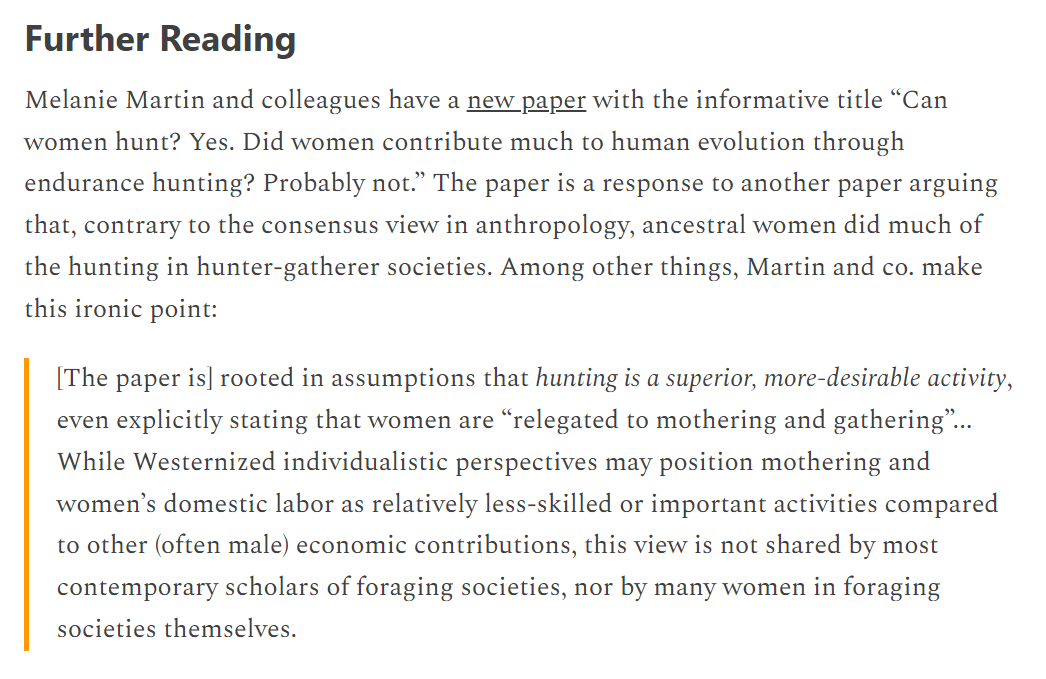 SteveStuWill's tweet photo. "While Westernized individualistic perspectives may position mothering and women’s domestic labor as relatively less-skilled or important activities compared to other (often male) economic contributions, this view is not shared by most contemporary scholars of foraging societies, nor by many women in foraging societies themselves." https://t.co/pda9ISxOkz