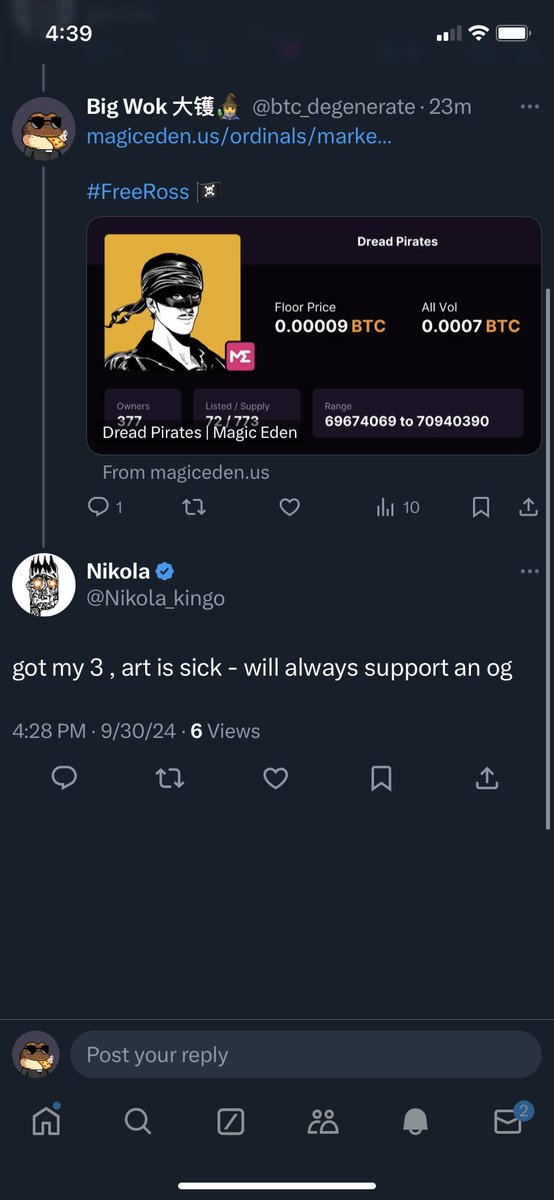 Had <a href="/Nikola_kingo/">Nikola Ω</a> join us today. He is a legend among the ordinals ecosystem and feels good have him support Dread Pirates. You CANNOT stop or fade the culture of Dread Pirates 🏴‍☠️ #FreeRoss