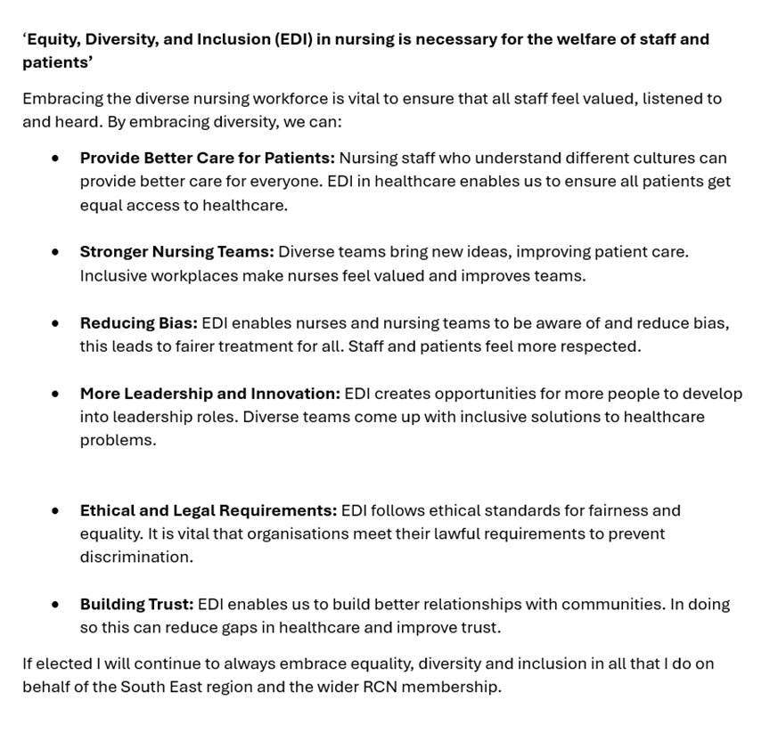 I am standing for election to the <a href="/SouthEastRCN/">South East RCN 💙</a> Council seat
I endeavour to keep equality, diversity and inclusion at the forefront of all that I do
If elected I will continue to always embrace EDI in all that I do on behalf of the South East region and the wider RCN membership