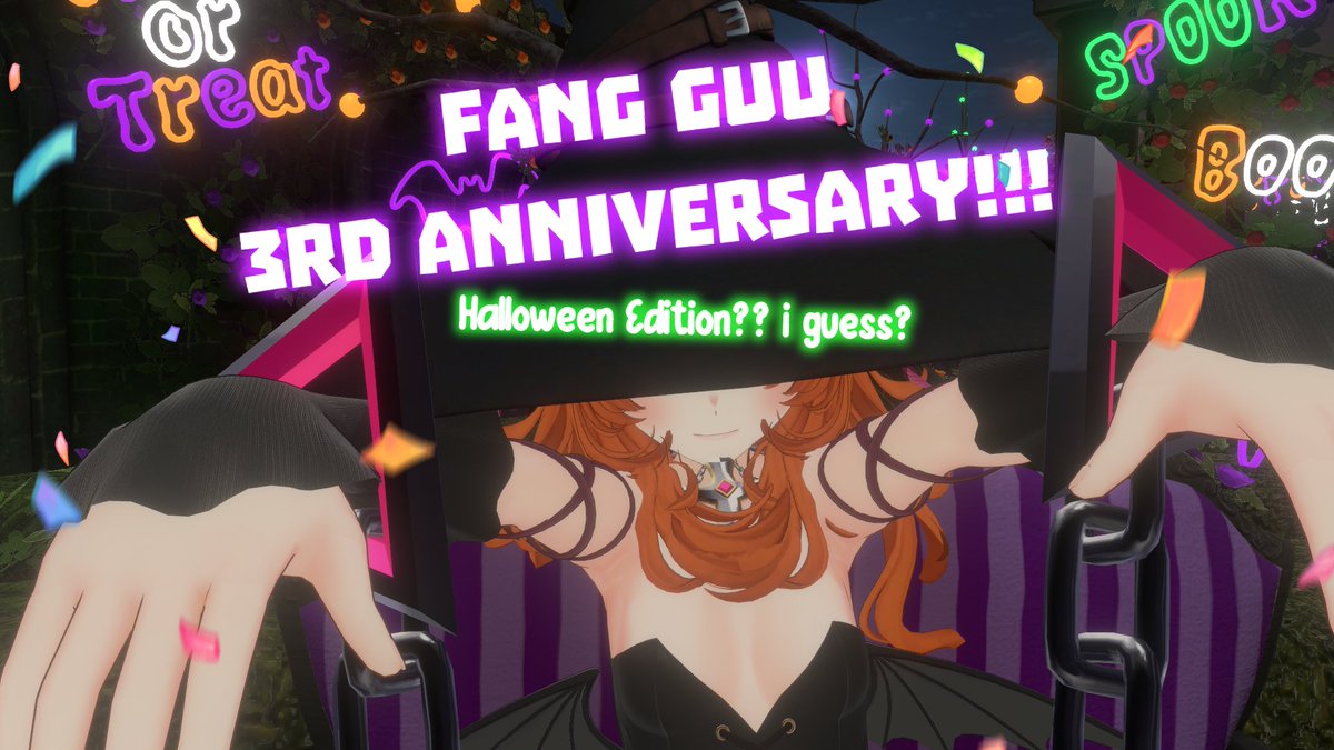 FangGuu's tweet photo. ✨🎉FANG GUU 3RD ANNIVERSARY🎉✨
 
Ooky spooky edition!🎃
It's Fang's 3rd Year as a VTuber!
Come celebrate with this year's 3D Costume reveal!
And a bunch of awkward zatsu and wandering around!
maybe i'll drink...
 
See you in about 1 hour! ⏰
https://t.co/s7ZpP8Lxl7 https://t.co/aFZykGJZhc