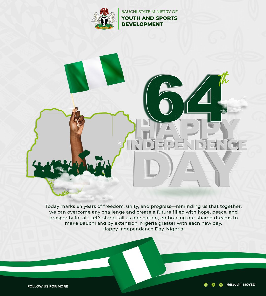 Happy Independence Day, Nigeria!
Let's stand tall as one nation, embracing our shared
dreams to make Bauchi and by extension, Nigeria
greater with each new day.

#BridgingTheGap #GreaterBauchi #YouthLead