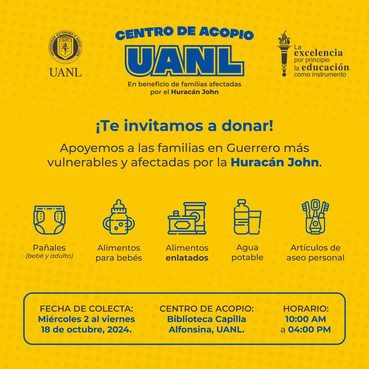 cdieuanl's tweet photo. ¡Tigres, es tiempo de ayudar! 🐯🚨‼️

Apoyemos a las familias afectadas por la Tormenta Tropical John, conoce los puntos de colecta y los artículos indispensables.

¡Tu apoyo es invaluable! Ven y realiza tus donaciones.🚚🚛🐯

#UANL #CDIE #EducaciónYExcelencia https://t.co/F7ZaLo0Rvu