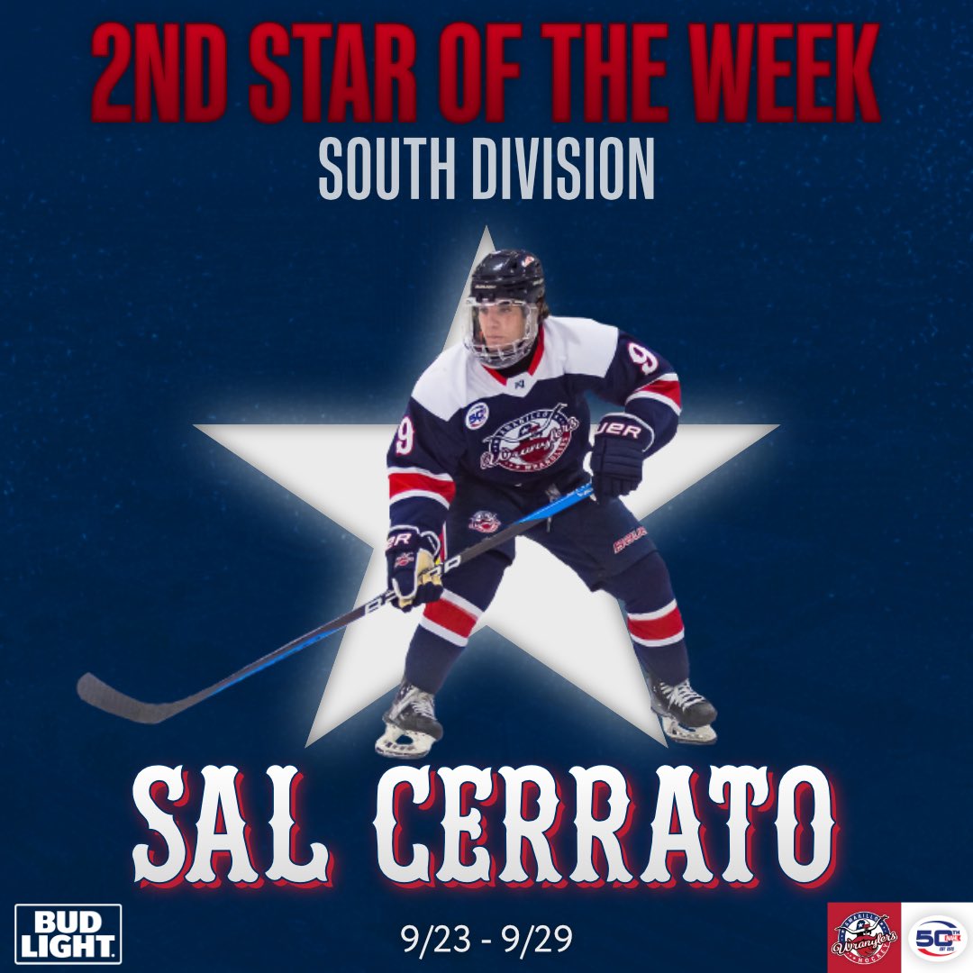 Sal Cerrato has been named the NAHL’s South Division 2nd Star of the Week! 🤩

Cerrato was on fire at the NAHL Showcase, scoring two goals in a 4-1 win against New Hampshire and earning an assist in a 4-2 loss to Fairbanks. 

Congratulations, Sal! 🔥