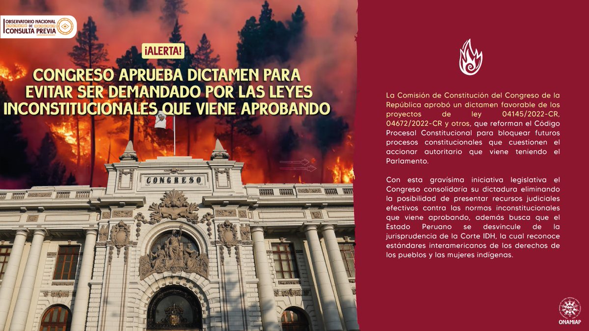 onamiap's tweet photo. 📢#Alerta La Comisión de Constitución del @congresoperu  aprobó un dictamen que reforma el Código Procesal Constitucional, bloqueando futuros procesos que cuestionen sus leyes inconstitucionales, buscando ser más intocable. https://t.co/1FQgqjuB9W