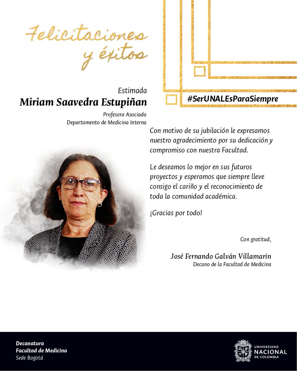 Desde la Facultad de Medicina queremos enviarle nuestras mayores felicitaciones a la profesora Miriam Saavedra Estupiñán, quien inicia una nueva etapa en su vida como profesora pensionada.

¡Gracias por todo!