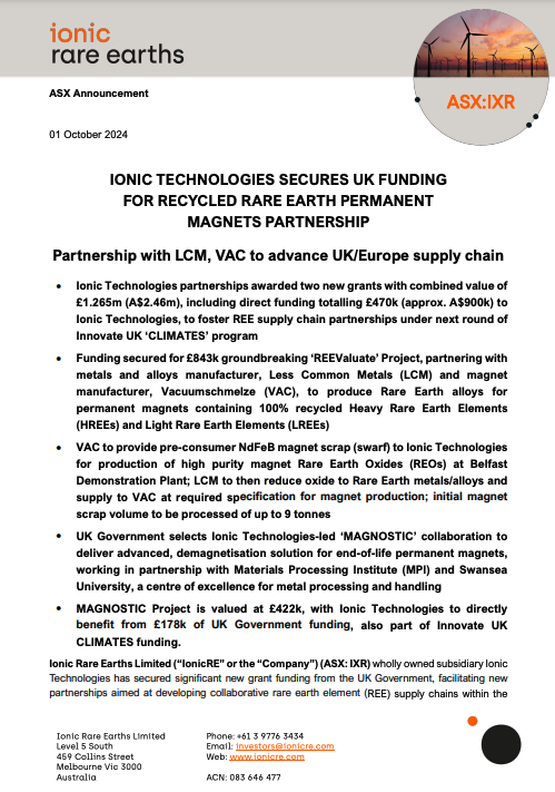 IONIC_RE's tweet photo. @Ionic_RE wholly owned subsidiary @IonicTechnologies Secures Uk Funding For Recycled Rare Earth Permanent Magnets Partnership
#ASX 🔗 https://t.co/ugfx1PV51R
$IXR #technology #circulareconomy #rareearthelements #EV #batterymetals #cleanenergy #CREO #netzero #REE #ionictech https://t.co/qr4bf10Q6r