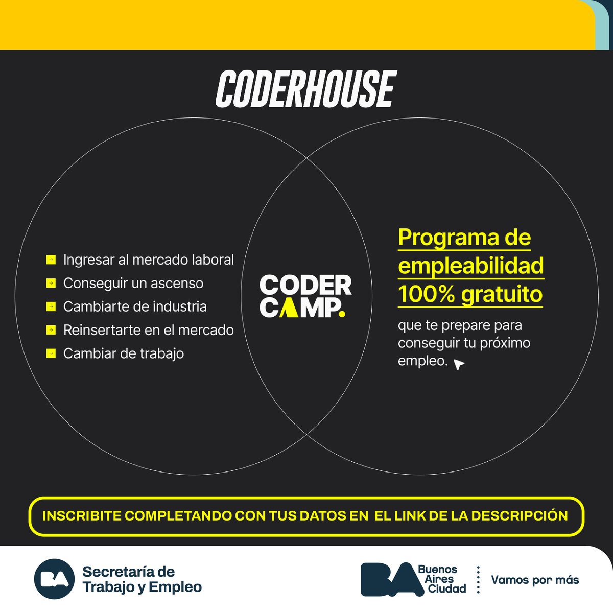 TrabajoBA's tweet image. ¡Te invitamos a la temporada 2 de #CoderCamp! 
Desde Coderhouse crearon un programa abierto y gratuito, 100% online y en VIVO, diseñado para darte todas las herramientas que necesitás para conseguir tu próximo trabajo.
¡Inscribite hoy y reservá tu lugar! bit.ly/4gFgl8P