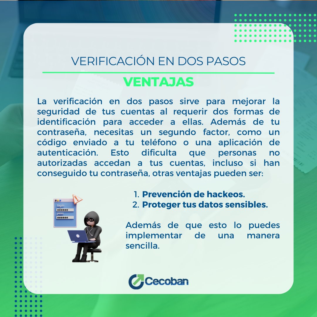 🔐¡Protege tus cuentas con la verificación en dos pasos! 🔐

Descubre cómo este método de seguridad te brinda una capa extra de protección para mantener tus datos más seguros y evitar posibles robos de identidad en tus cuentas.👨🏼‍✈️