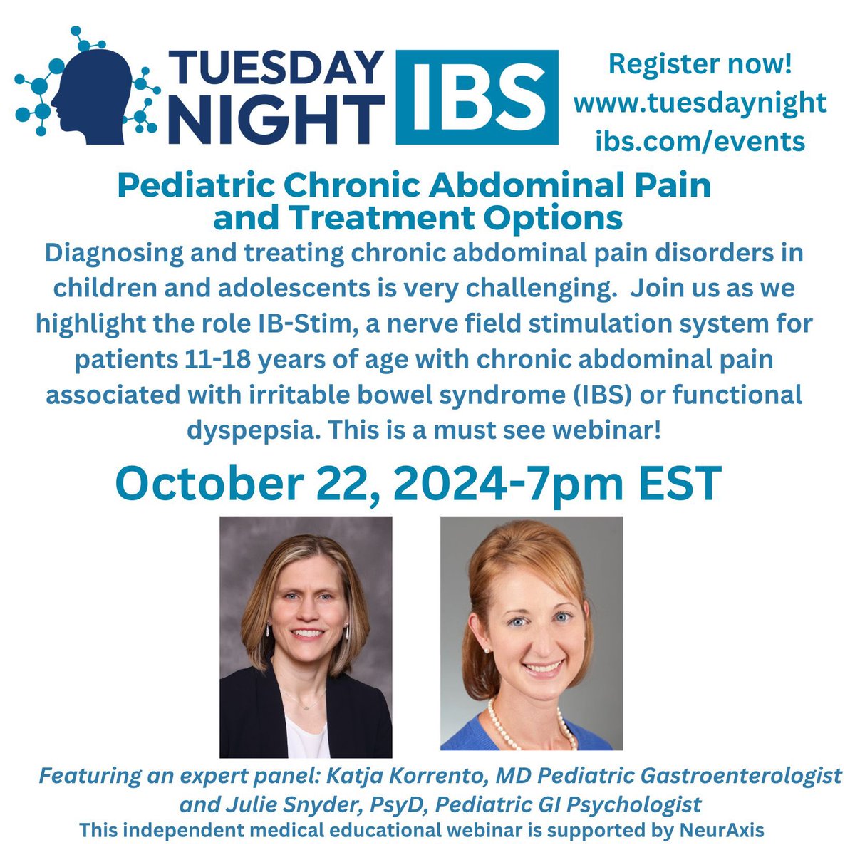 #TuesdayNightIBS (@tuesdaynightibs) on Twitter photo We are so excited to host our first webinar focused on pediatric patients with experts <a href="/KatjaKarrento/">Katja Karrento</a> and @drjuliesnyder as we highlight the efficacy data of IB-Stim for treating CAPS in pediatric patients. Register now on our website or tinyurl.com/PedsCaps We are so excited to host our first webinar focused on pediatric patients with experts <a href="/KatjaKarrento/">Katja Karrento</a> and @drjuliesnyder as we highlight the efficacy data of IB-Stim for treating CAPS in pediatric patients. Register now on our website or tinyurl.com/PedsCaps