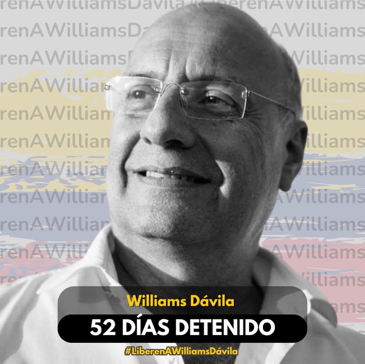 Hoy son 52 días de su encarcelamiento injusto, luchar por Venezuela no es delito. Un ADeco a carta cabal, compañero, luchador social y sobre todo incansable demócrata. 

#LibertadParaTodosLosPresosPolitico 
#LiberenAWilliamsDavila