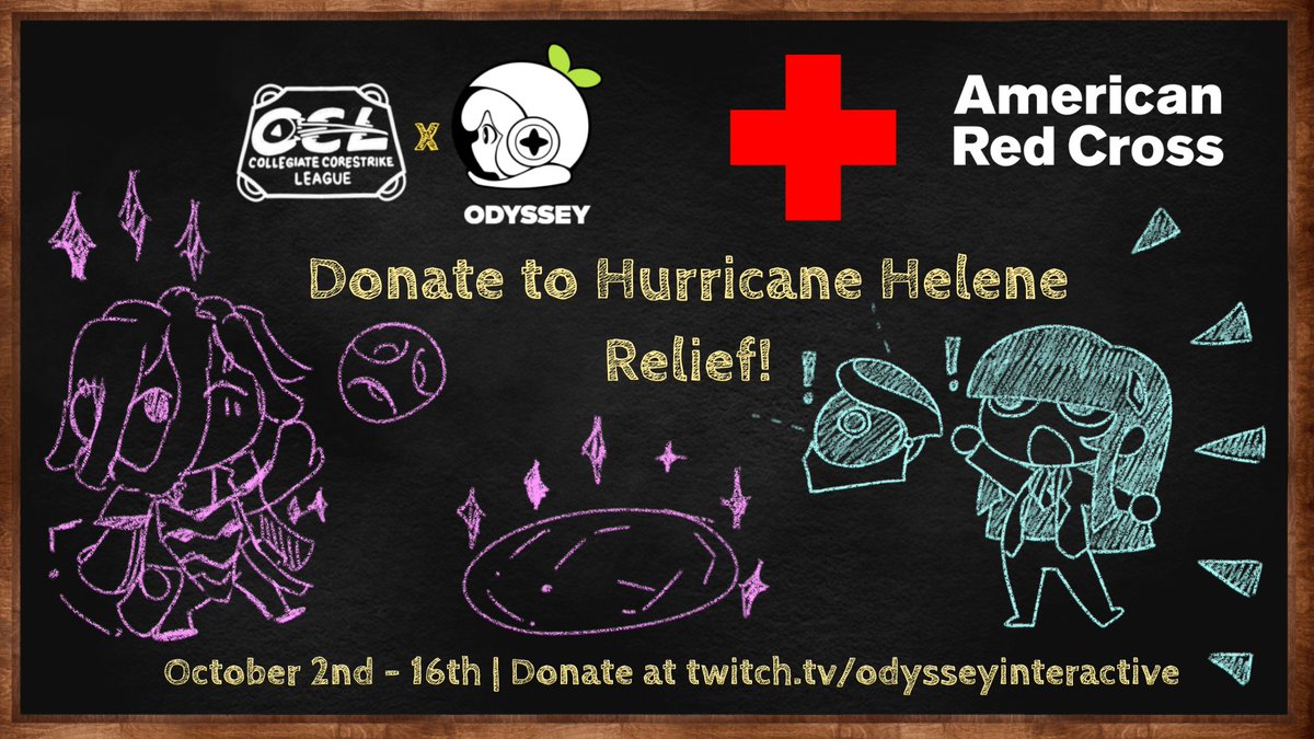 We've teamed up with <a href="/OdysseyStudio/">Odyssey Interactive</a> to fundraise money for Hurricane Helene Relief. 

Support the college programs, students, and families in the Southeast in need. 

Donate directly to <a href="/RedCross/">American Red Cross</a> via Twitch starting this Wednesday!

📺 twitch.tv/odysseyinterac…