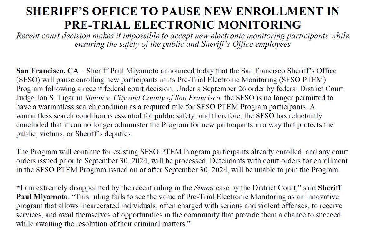 For important context on this announcement from the <a href="/SheriffSF/">SF Sheriff's Office</a> today, read <a href="/sssamanthalim/">samantha lim</a>'s reporting for @kqednews on WHY a federal judge took issue with the search conditions involved in this sudden halt to this pre-trial release program in #SF.

kqed.org/news/12006835/…
