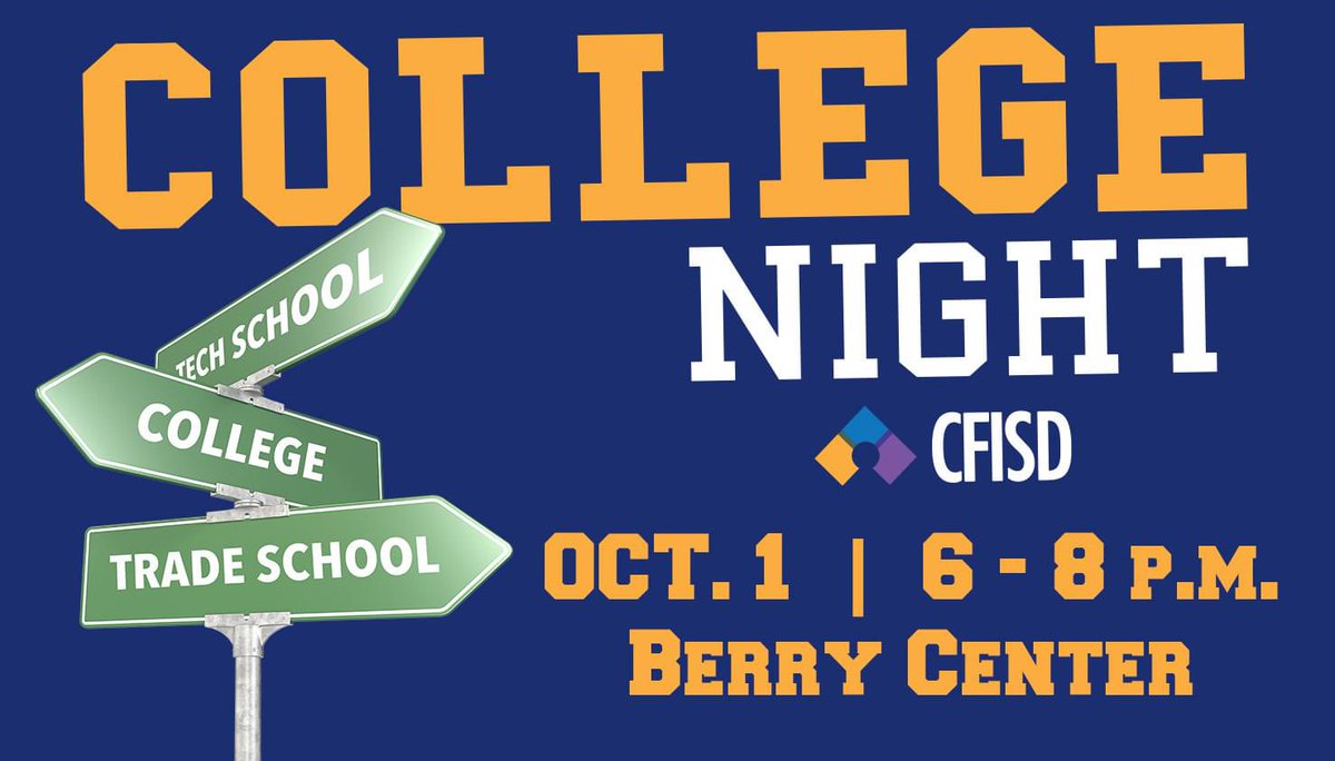 Show your support for CFISD learners by wearing your favorite trade, technical or college shirt to College Night <a href="/BerryCenter/">Berry Center</a> Tuesday night 6am-8pm. You can talk to school recruiters as well as learn about scholarships opportunity’s and financial aid. See you then!