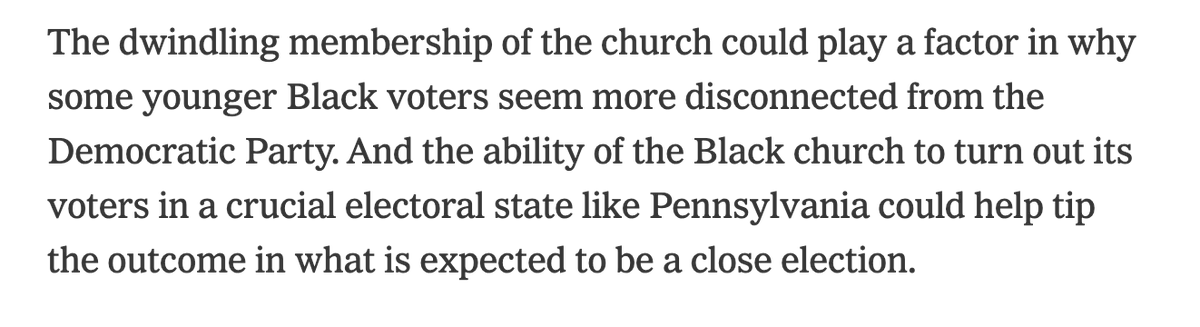 Clyde McGrady (@camcgrady) on Twitter photo "They don't come into the building anymore. And we miss that."
My story on how the drop off in Black church membership could have consequences for Black political power writ large. nytimes.com/2024/09/29/us/… "They don't come into the building anymore. And we miss that."
My story on how the drop off in Black church membership could have consequences for Black political power writ large. nytimes.com/2024/09/29/us/…