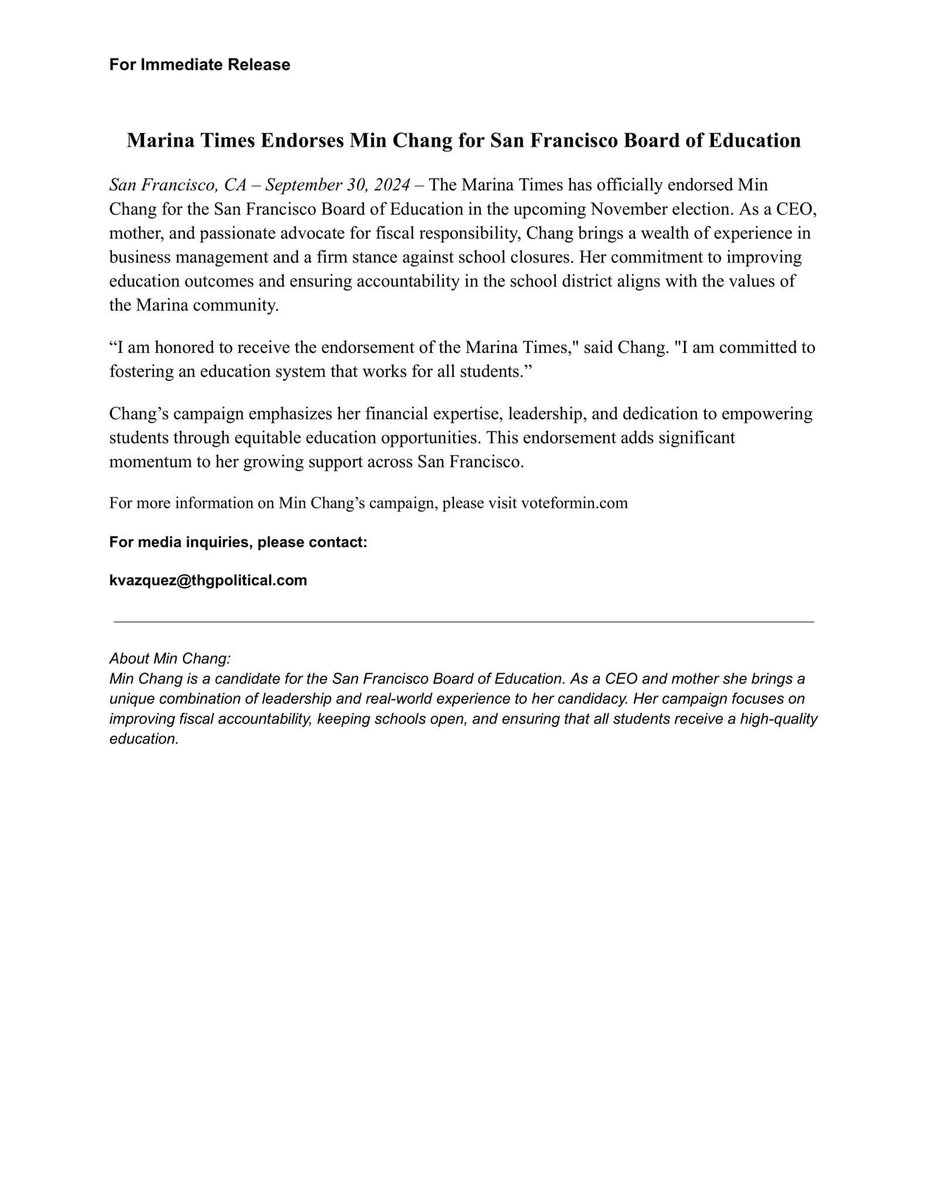 minchangsf's tweet photo. Honored to have earned the endorsement of the @MarinaTimesSF for the SF Board of Education! Read my press release below. #SFUSD https://t.co/5uwqYHlZpj