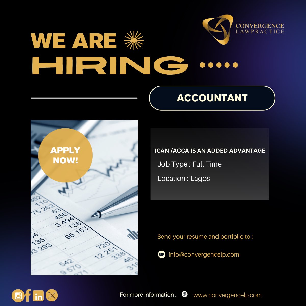 Convergence_LP's tweet image. We are looking for an Accountant who will join our finance team to manage all financial transactions. The successful candidate will be responsible for analyzing trends, costs, revenues, financial commitments, and obligations
#Convergence #accountant #Jobs
