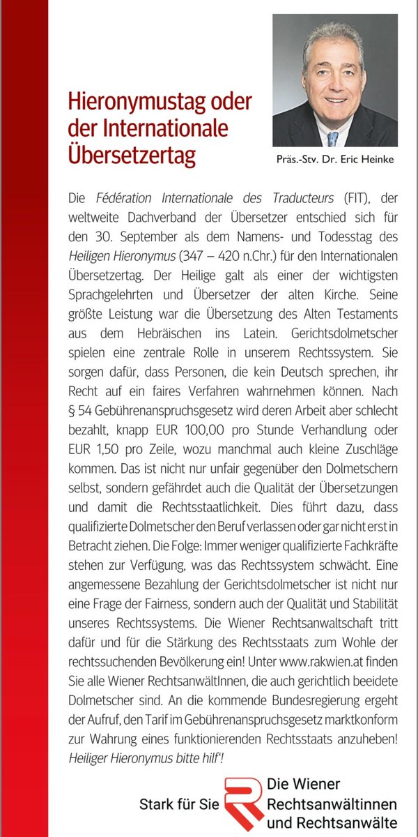 Im gestrigen Rechtspanorama fordert RAK-Vizepräsident Dr. Eric HEINKE eine bessere Vergütung für #Gerichtsdolmetscher.

Der Mangel an Gerichtsdolmetschern gefährde die Qualität des Rechtssystems und die Gewährleistung fairer Verfahren für nicht deutschsprachige Menschen.