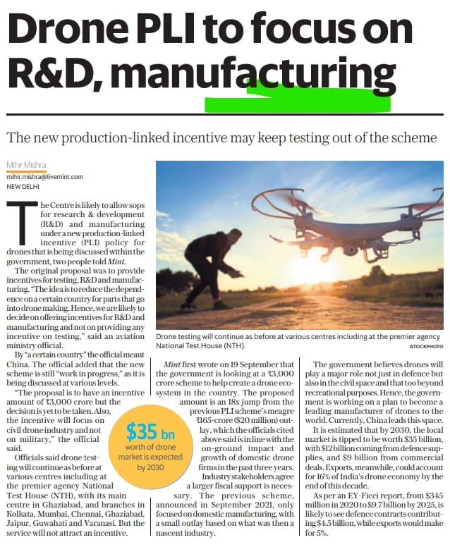 RaunakMishra786's tweet image. 🚨#Govt. focusing on Drone

- Govt. wants to reduce the import of drone parts from 
   China
- PLI scheme will be 3000cr compared to 165cr by 2030
- Sharing one small company which is into this segment 
  
#MacfosLtd